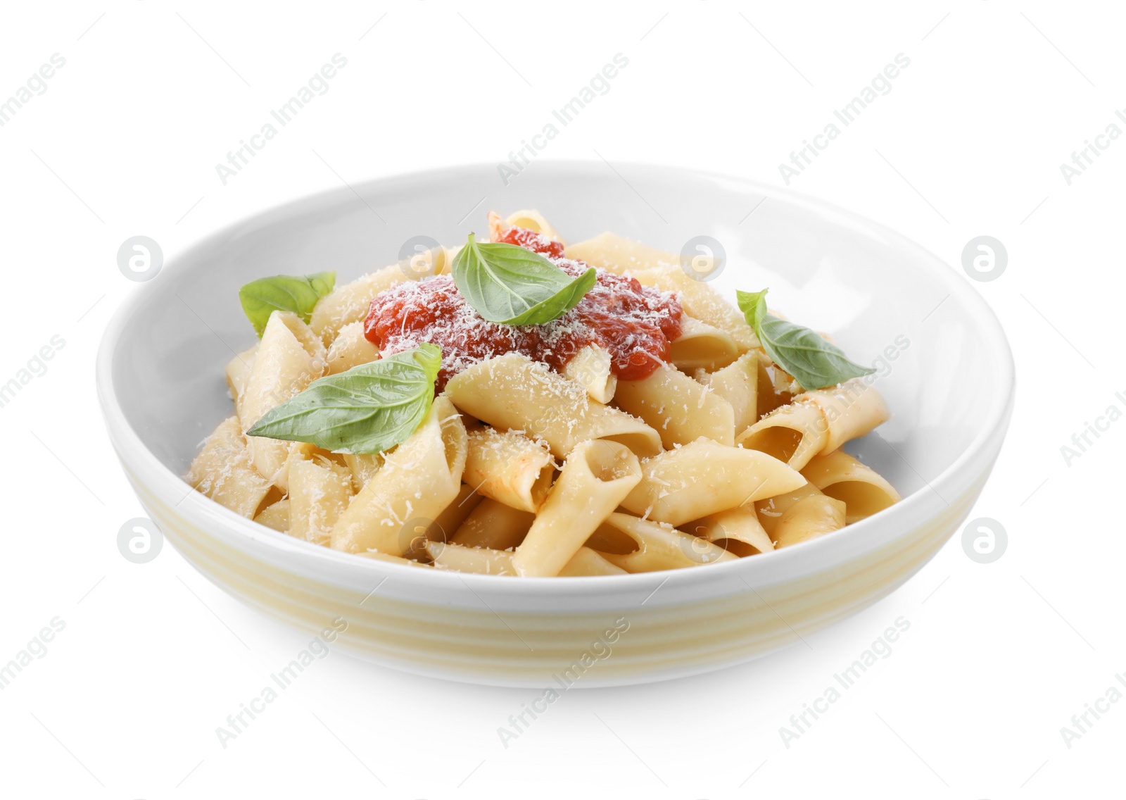 Photo of Delicious maltagliati pasta with tomato sauce isolated on white