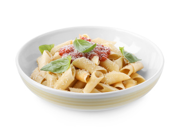Delicious maltagliati pasta with tomato sauce isolated on white