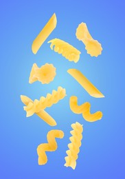 Image of Different types of pasta flying on blue background