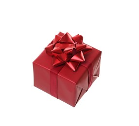 Photo of Red gift box with bow isolated on white