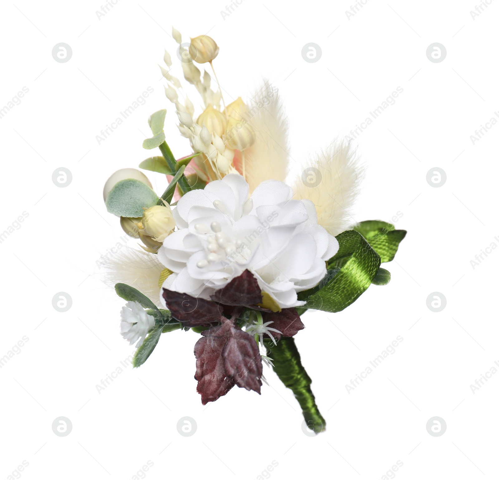 Photo of Boutonniere with beautiful flowers isolated on white