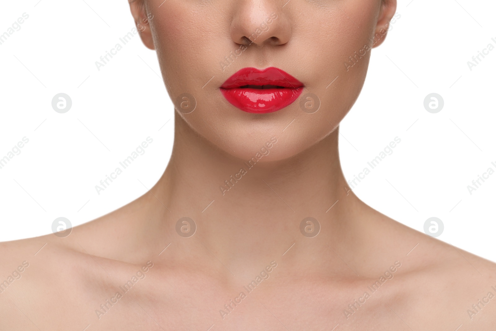 Photo of Woman with bright lip gloss on white background, closeup