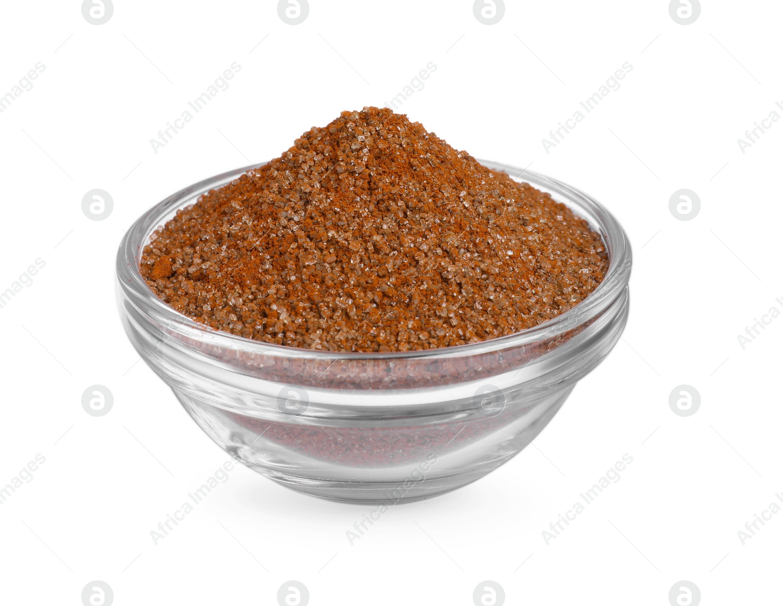 Photo of Glass bowl with brown food coloring isolated on white