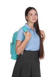 Photo of Teenage girl in school uniform with backpack on white background