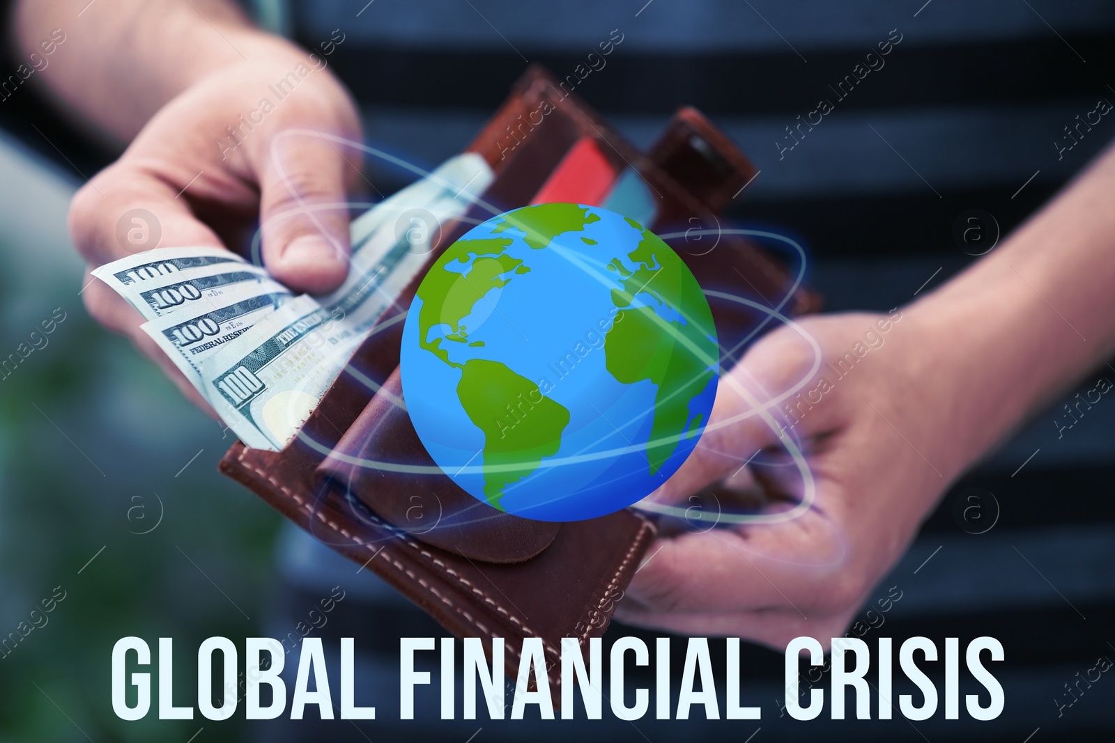 Image of Man with money on blurred background, closeup. Coronavirus impact on global financial crisis