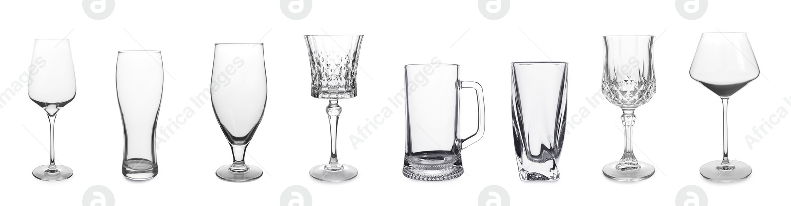 Image of Collage with different empty glasses on white background