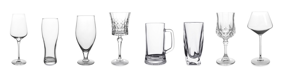 Collage with different empty glasses on white background