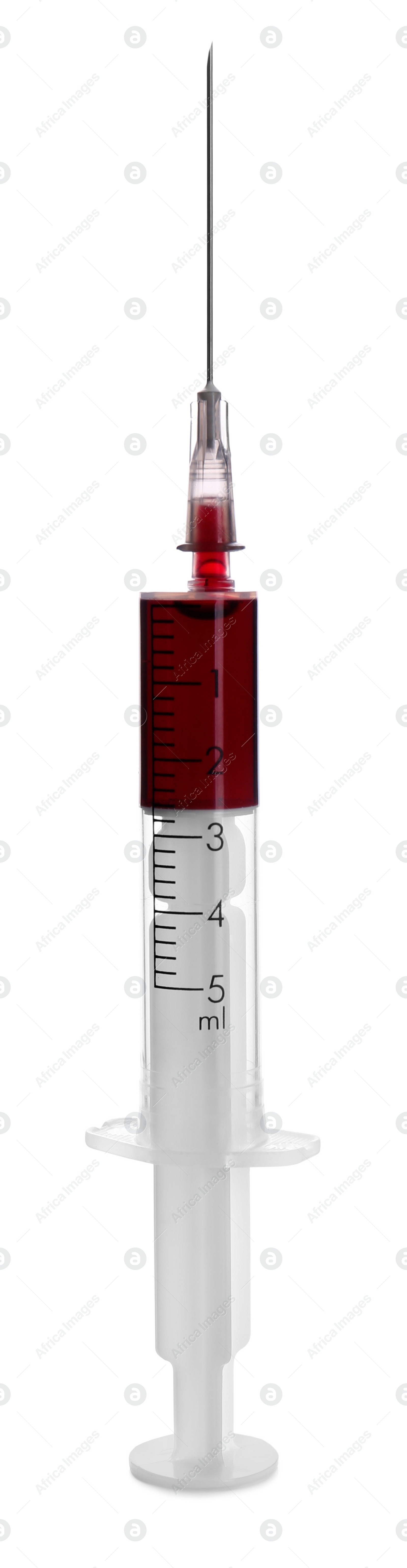 Photo of Plastic syringe with blood isolated on white