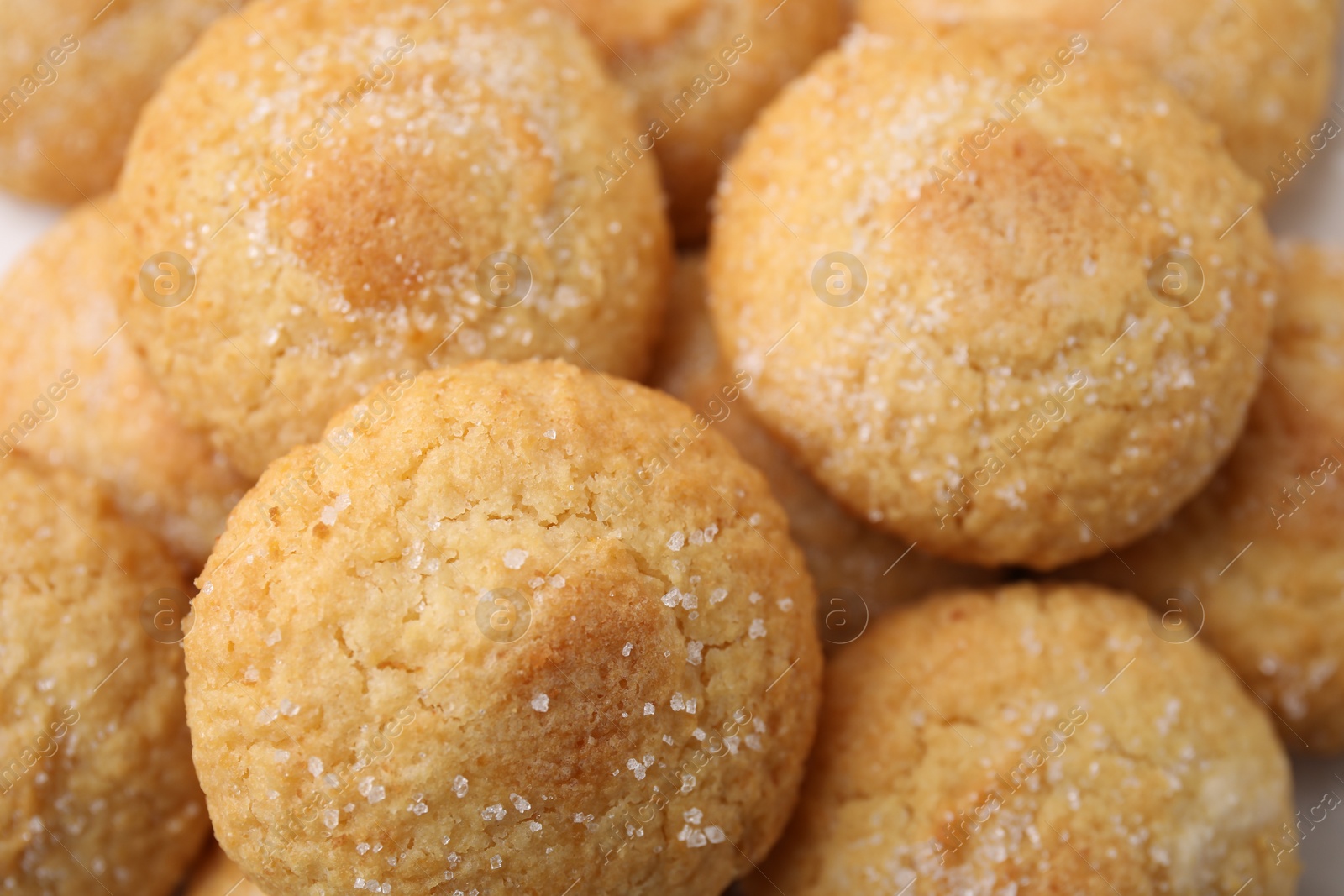 Photo of Tasty sweet sugar cookies as background, closeup