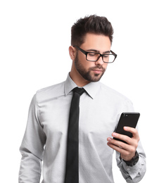 Young businessman with smartphone on white background