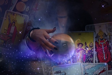 Multiple exposure with tarot cards and photo of soothsayer using crystal ball