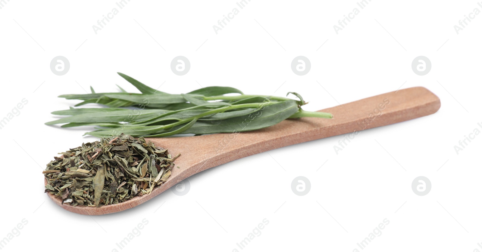 Photo of Spoon of dry tarragon and fresh leaves isolated on white