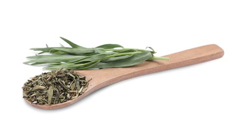 Photo of Spoon of dry tarragon and fresh leaves isolated on white