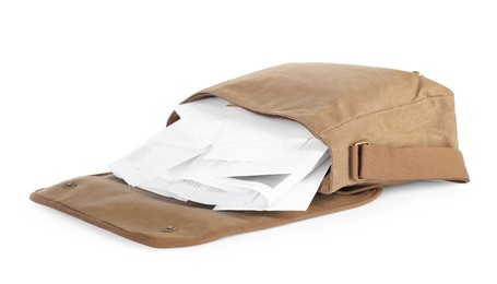 Photo of Brown postman bag with mails and newspapers on white background