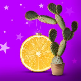 Image of Bright artwork. Lemon ball ornament hanging on cactus on purple background with stars