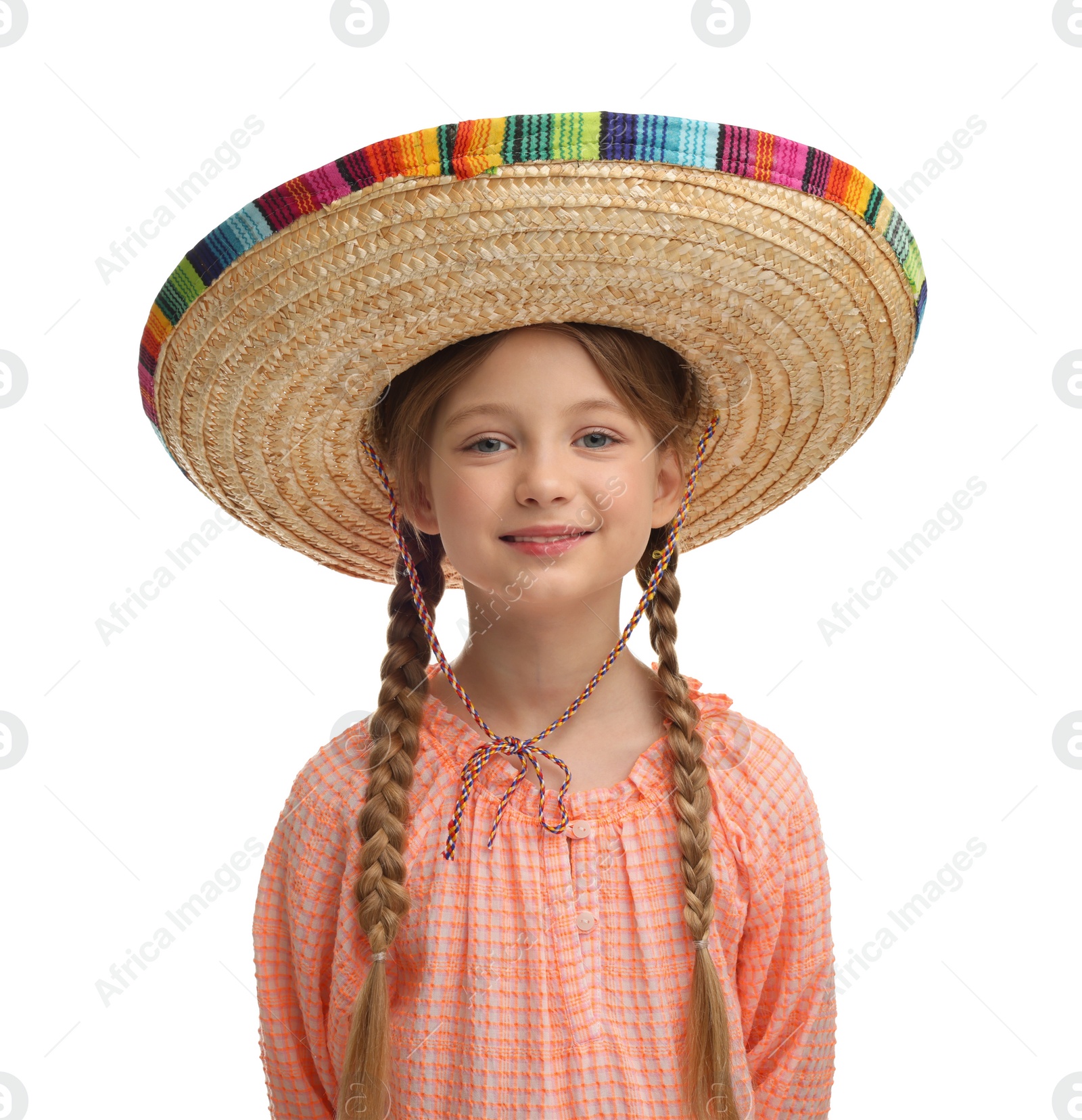 Photo of Cute girl in Mexican sombrero hat on white background