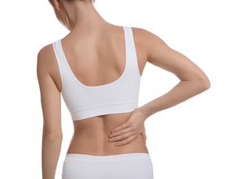 Photo of Woman suffering from pain in back on white background, closeup