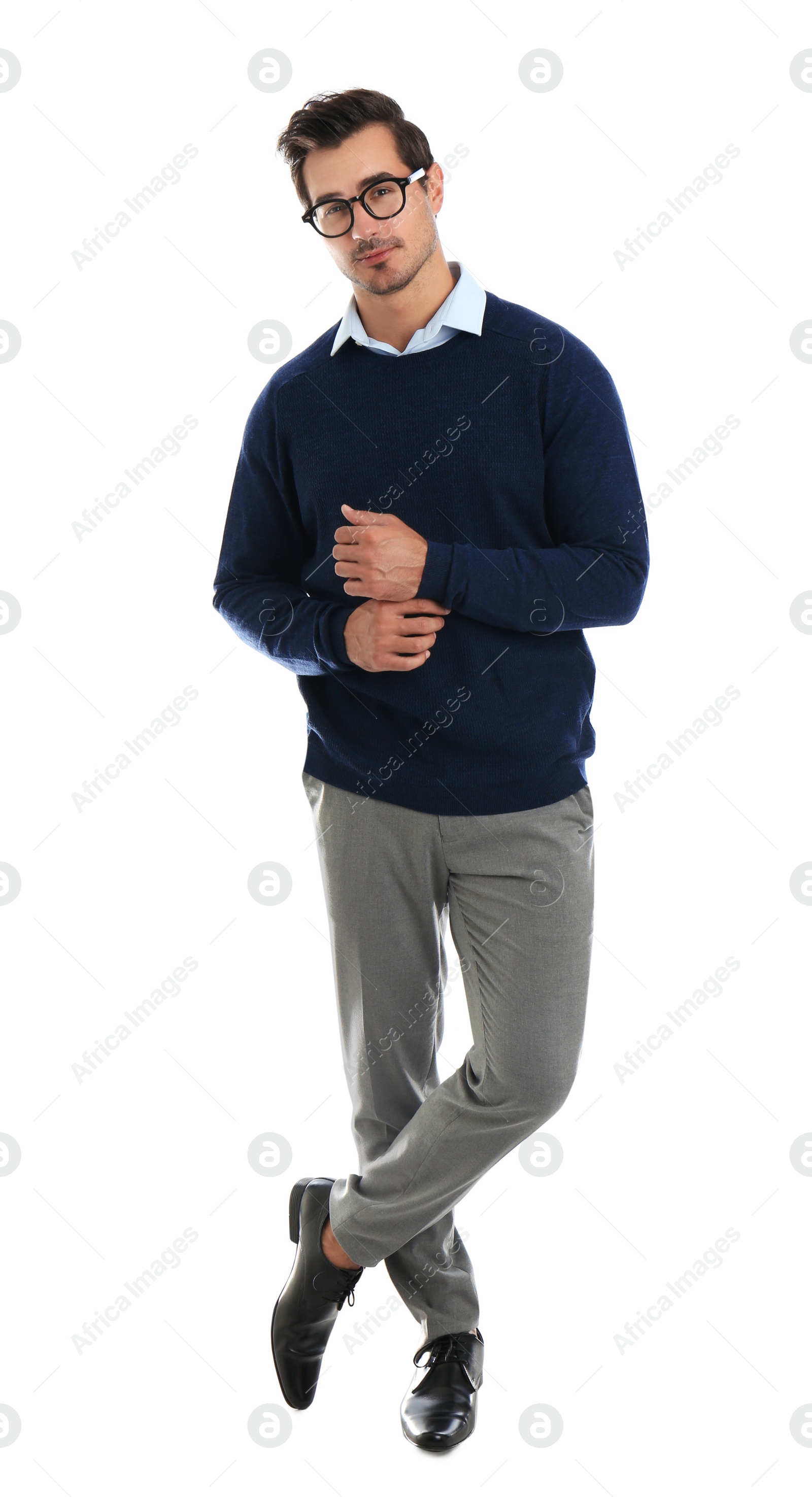 Photo of Young man with glasses on white background