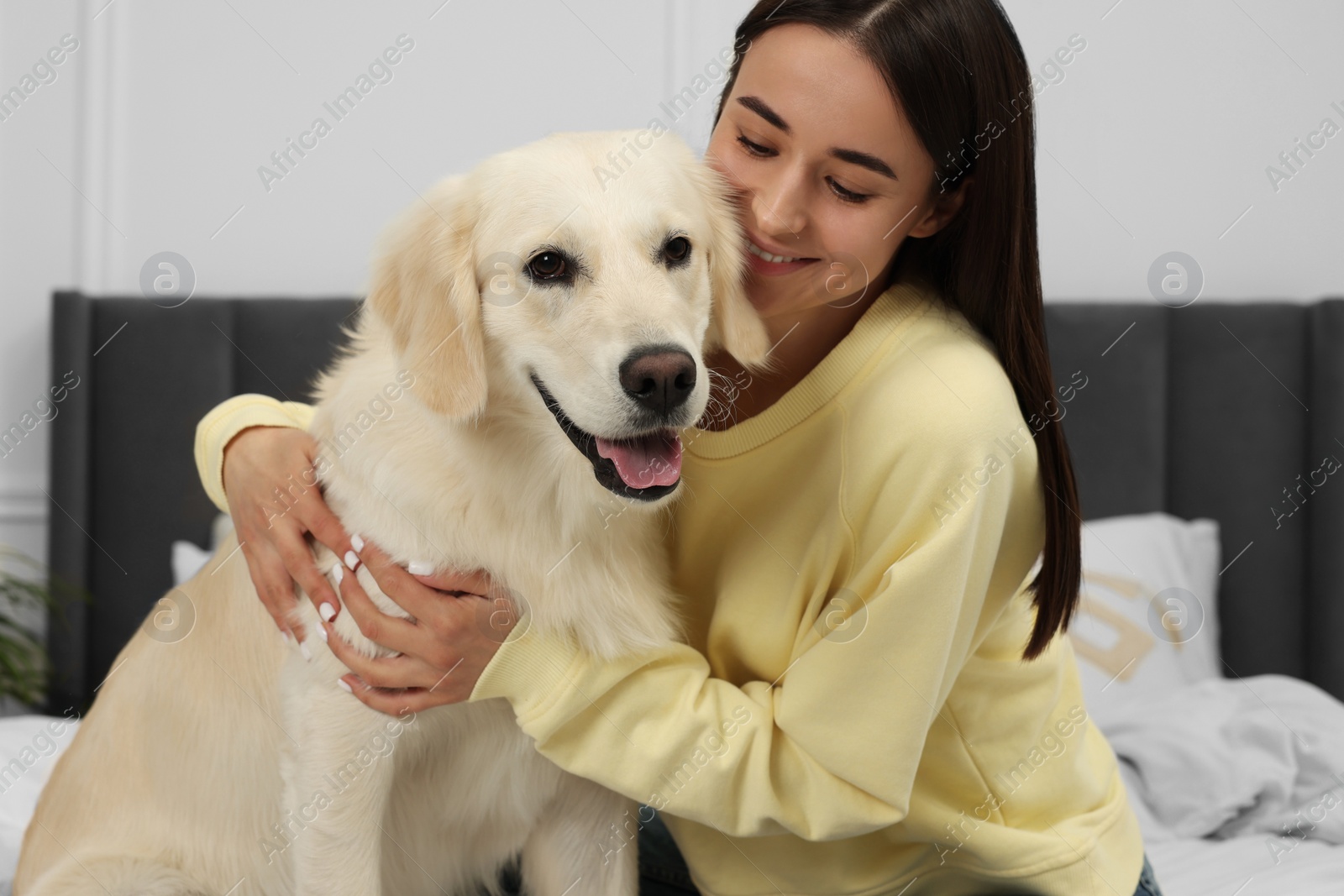 Photo of Happy woman with cute Labrador Retriever dog at home. Adorable pet