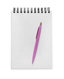 Photo of Blank office notebook and pen isolated on white, top view