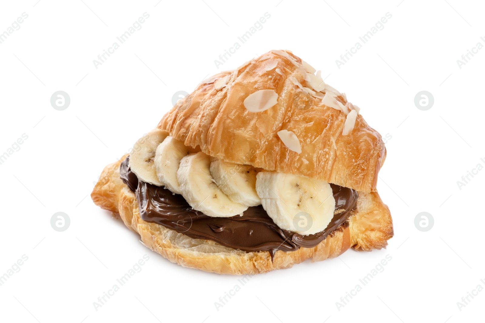 Photo of Delicious croissant with banana and chocolate isolated on white