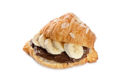 Delicious croissant with banana and chocolate isolated on white