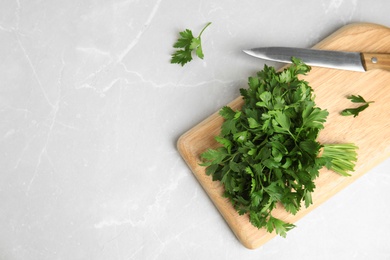 Photo of Board with fresh green parsley and knife on light background, flat lay. Space for text