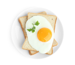 Photo of Tasty fried chicken egg with bread and parsley isolated on white, top view