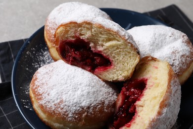 Photo of Delicious sweet buns with cherries on table, closeup