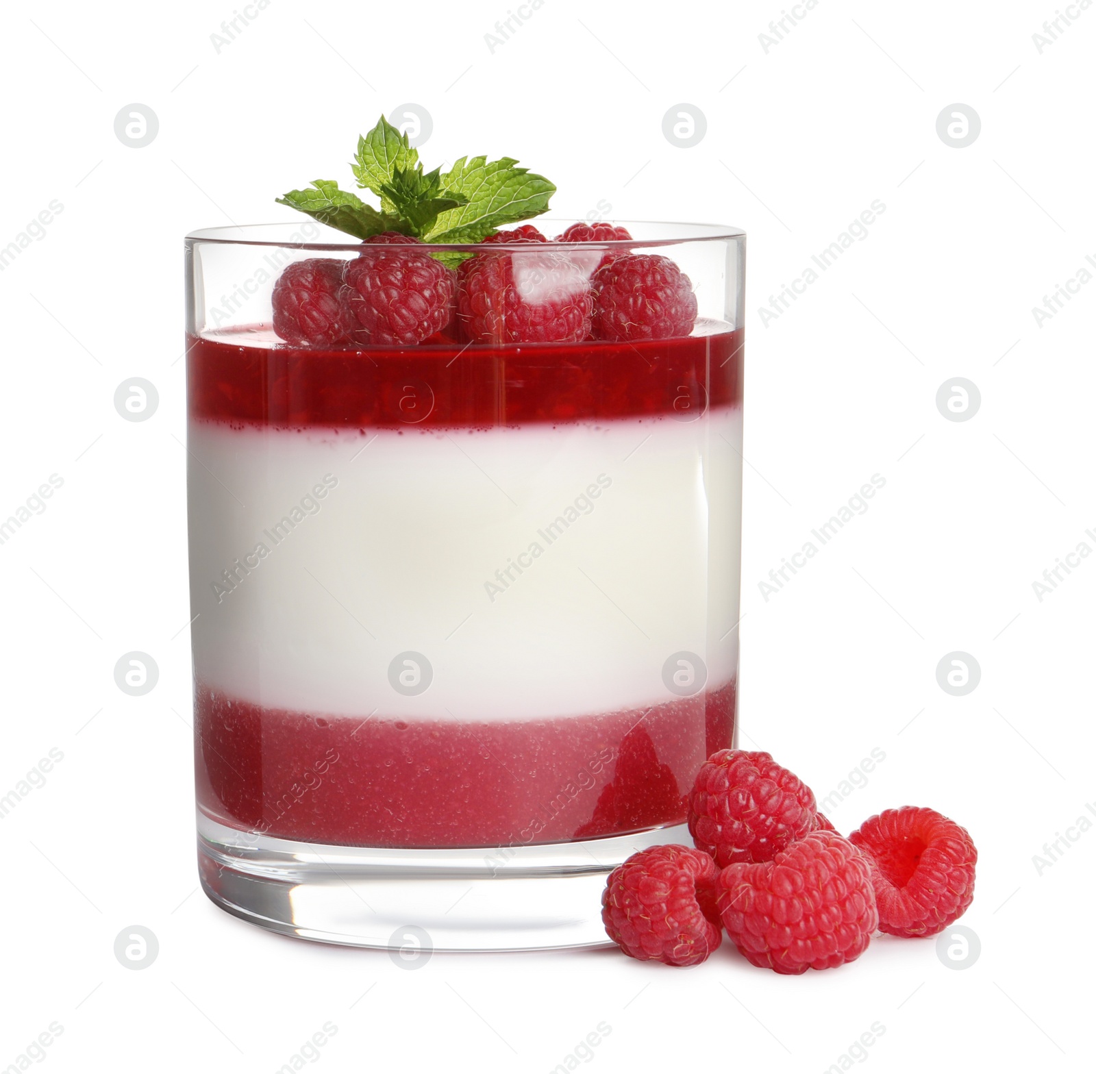 Photo of Delicious panna cotta with fruit coulis and fresh raspberries isolated on white