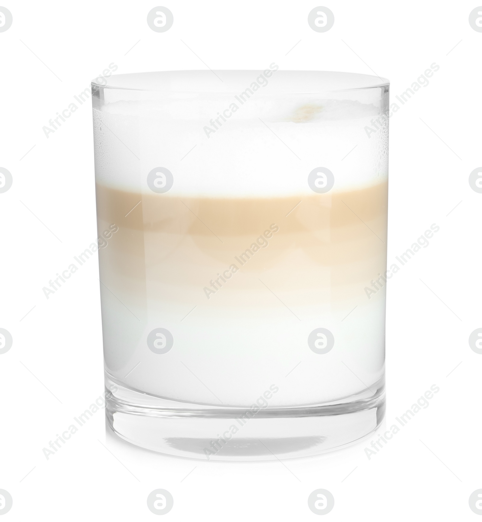 Photo of Glass of delicious latte macchiato isolated on white