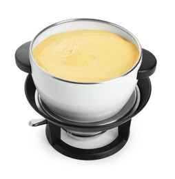 Fondue pot with tasty melted cheese isolated on white