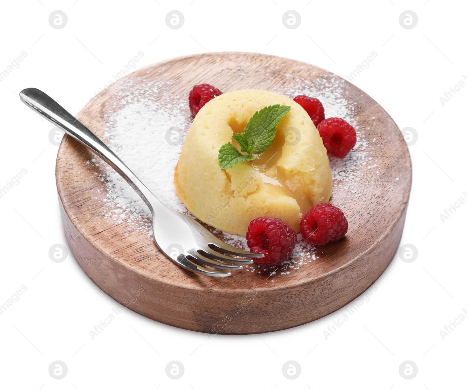 Photo of Tasty vanilla fondant with white chocolate and raspberries isolated on white