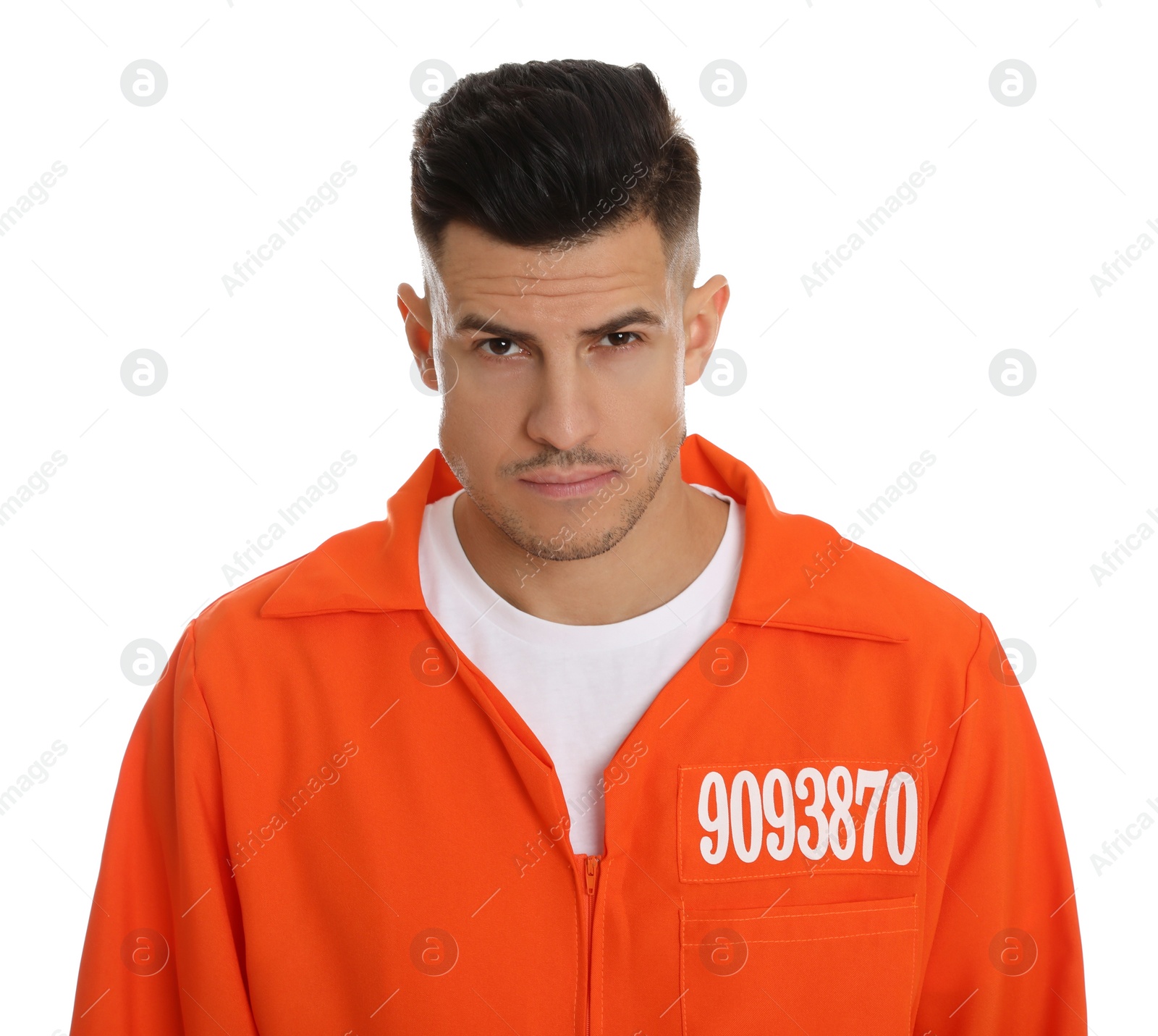 Photo of Prisoner in orange jumpsuit on white background