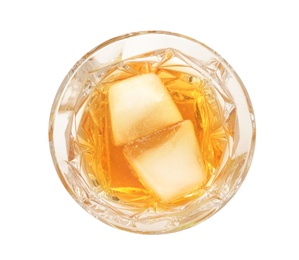 Photo of Glass of expensive whiskey with ice cubes on white background, top view