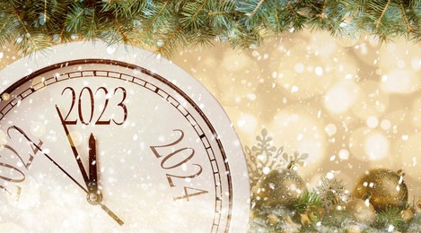 Image of Clock counting last moments to New 2023 Year, beautiful fir branches and festive decor, banner design