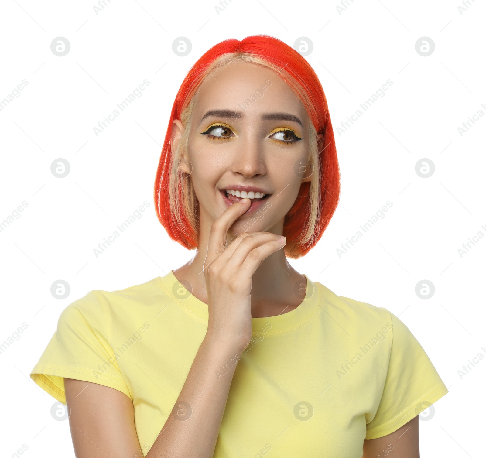 Photo of Beautiful young woman with bright dyed hair on white background