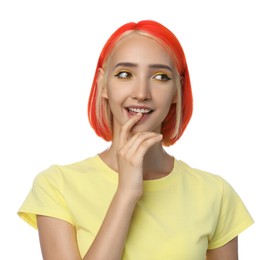 Beautiful young woman with bright dyed hair on white background