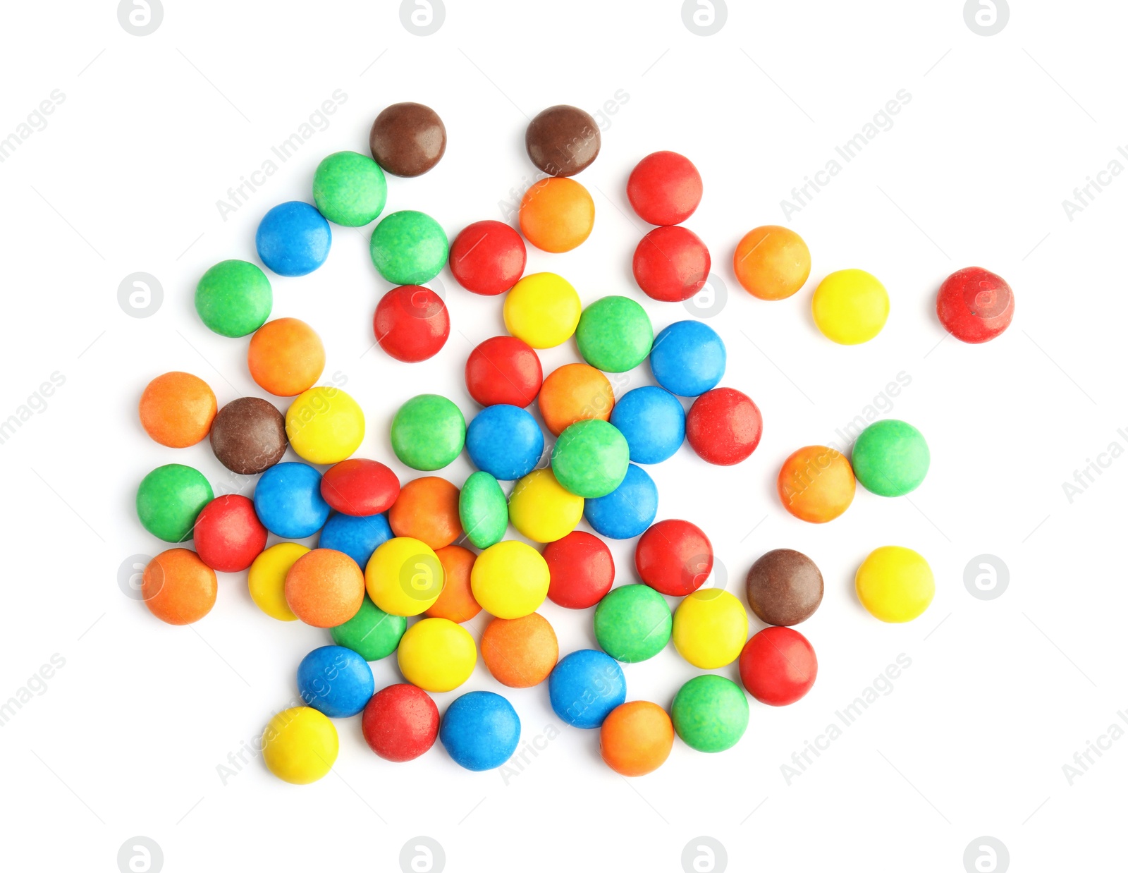 Photo of Tasty colorful candies on white background, top view