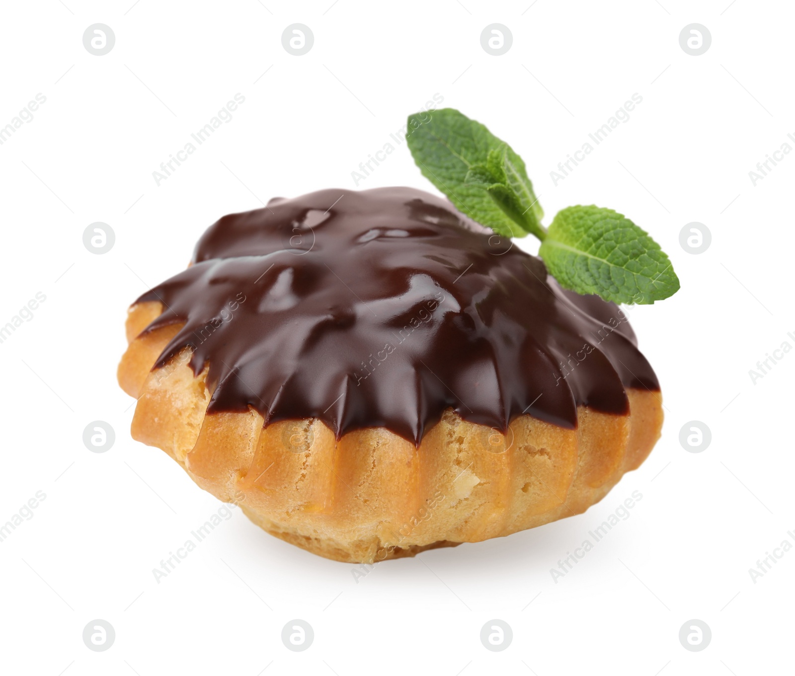 Photo of One delicious profiterole with chocolate spread and mint isolated on white