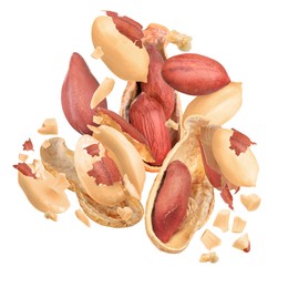 Image of Unpeeled peanuts in air on white background