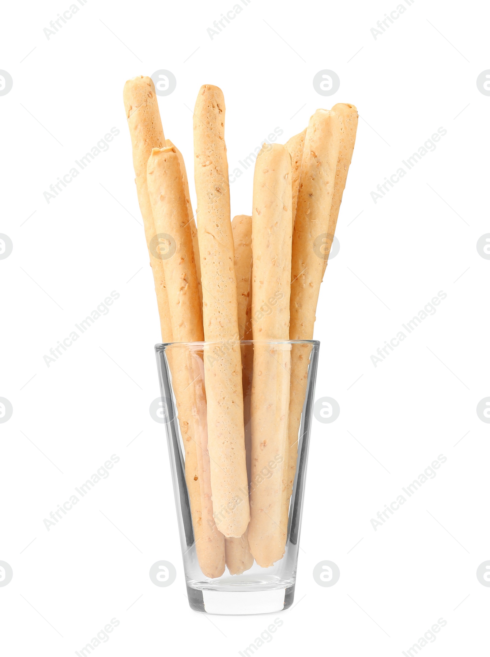 Photo of Delicious grissini in glass on white background