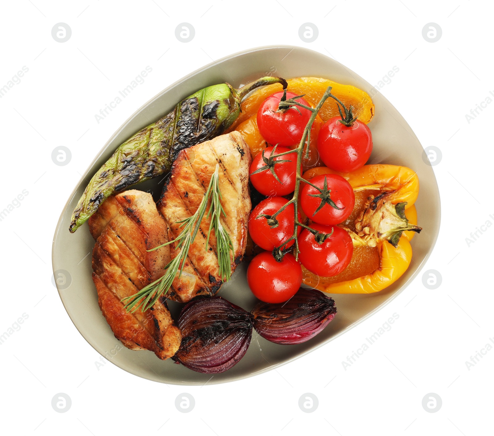 Photo of Plate with tasty grilled vegetables, meat, fresh cherry tomatoes and rosemary isolated on white, top view