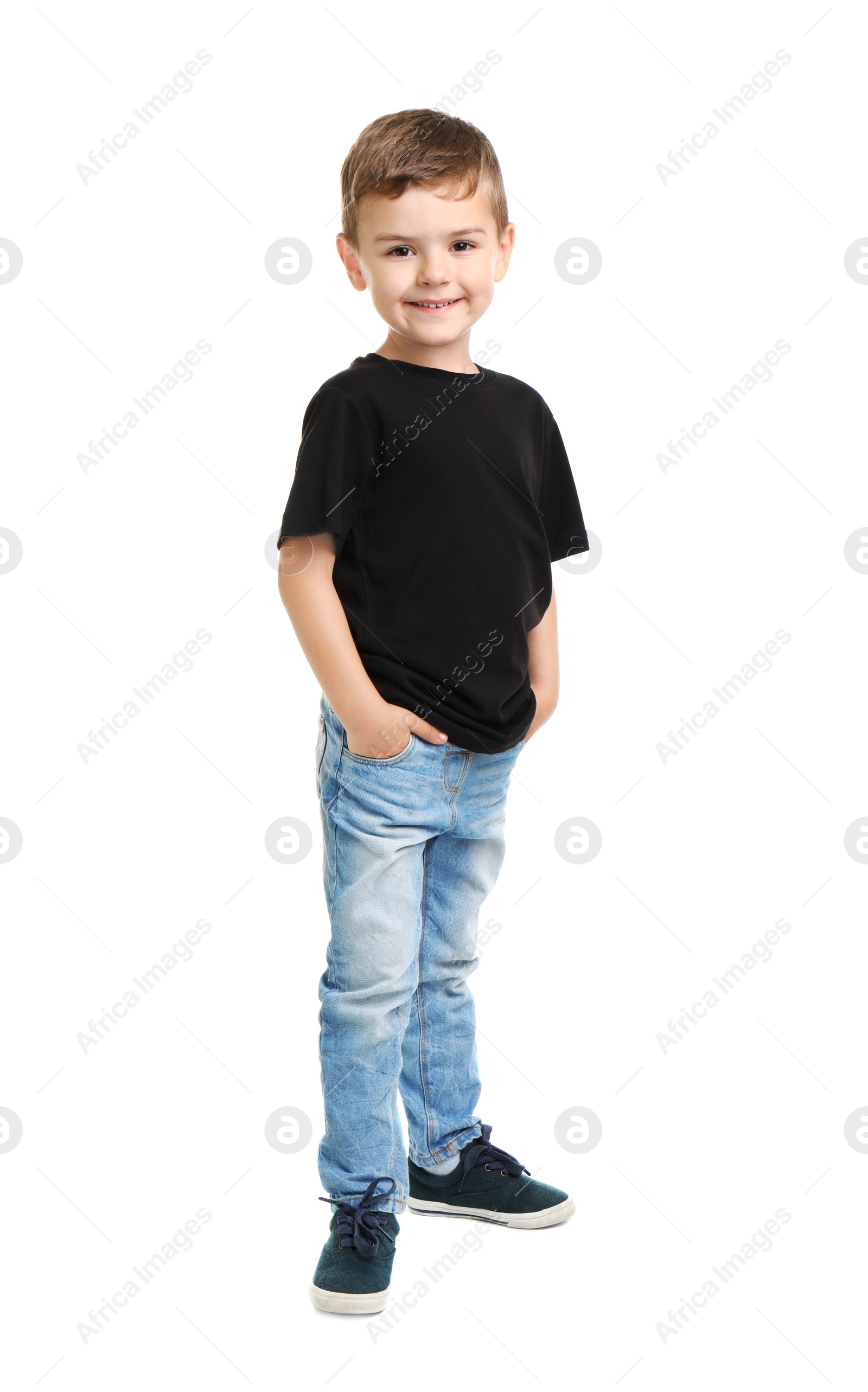 Photo of Little boy in t-shirt on white background. Mockup for design