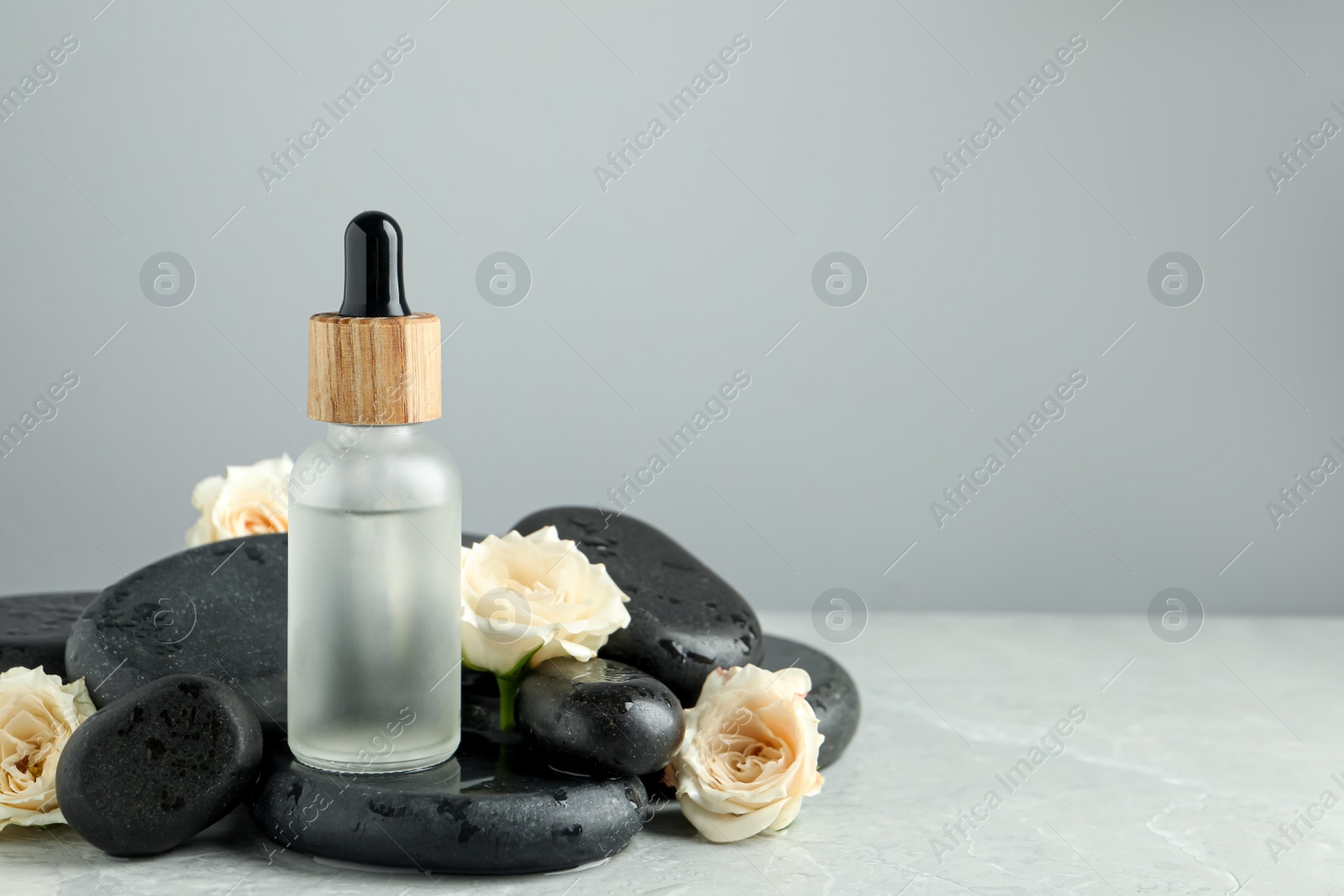 Photo of Bottle of face serum with spa stones and beautiful roses on wet table against grey background. Space for text
