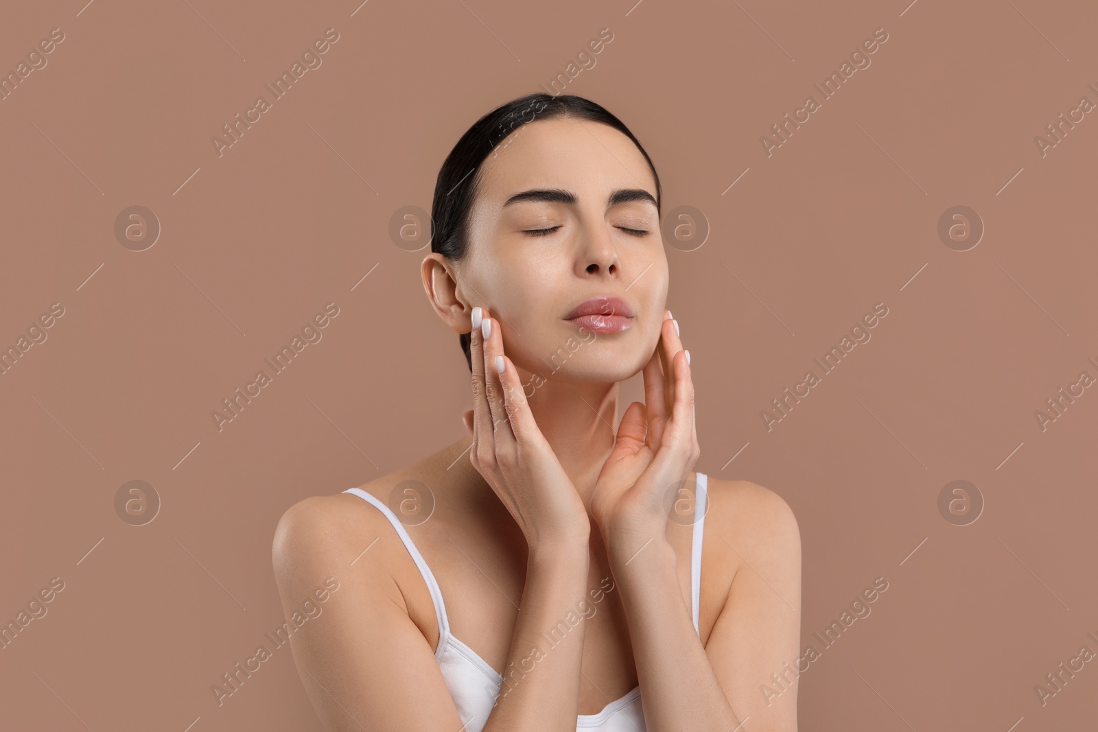 Photo of Woman with dry skin on beige background