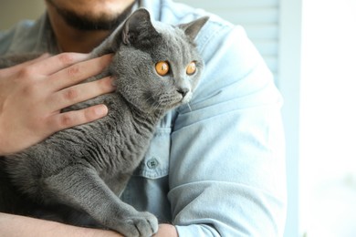 Photo of Man with cute cat on blurred background, closeup