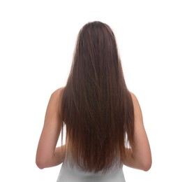 Photo of Woman with damaged hair on white background, back view