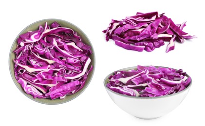 Image of Collage with shredded fresh red cabbage on white background