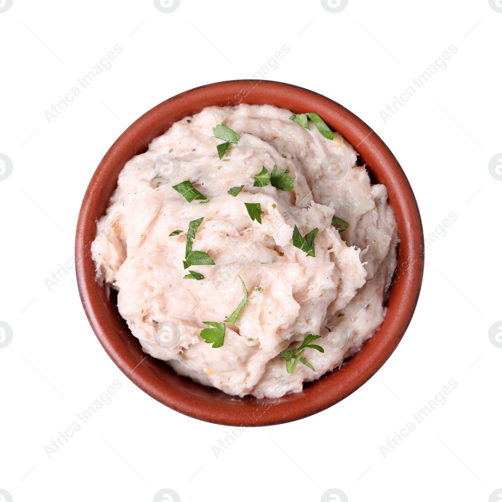 Photo of Delicious lard spread in bowl isolated on white, top view